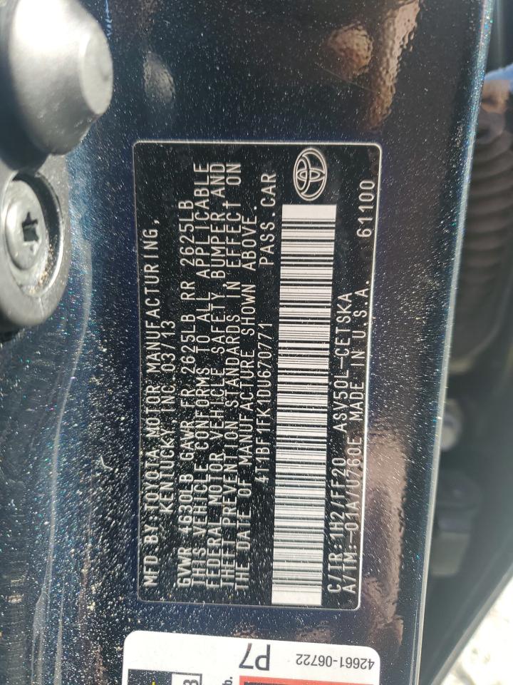 2013 Toyota Camry L VIN: 4T1BF1FK1DU670771 Lot: 84862135