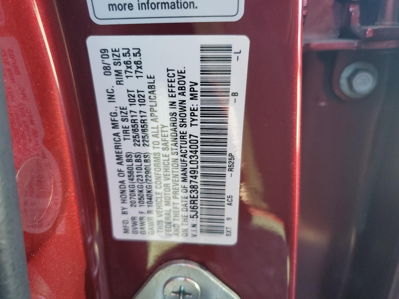 2009 Honda Cr-V Exl VIN: 5J6RE38749L034007 Lot: 90822295