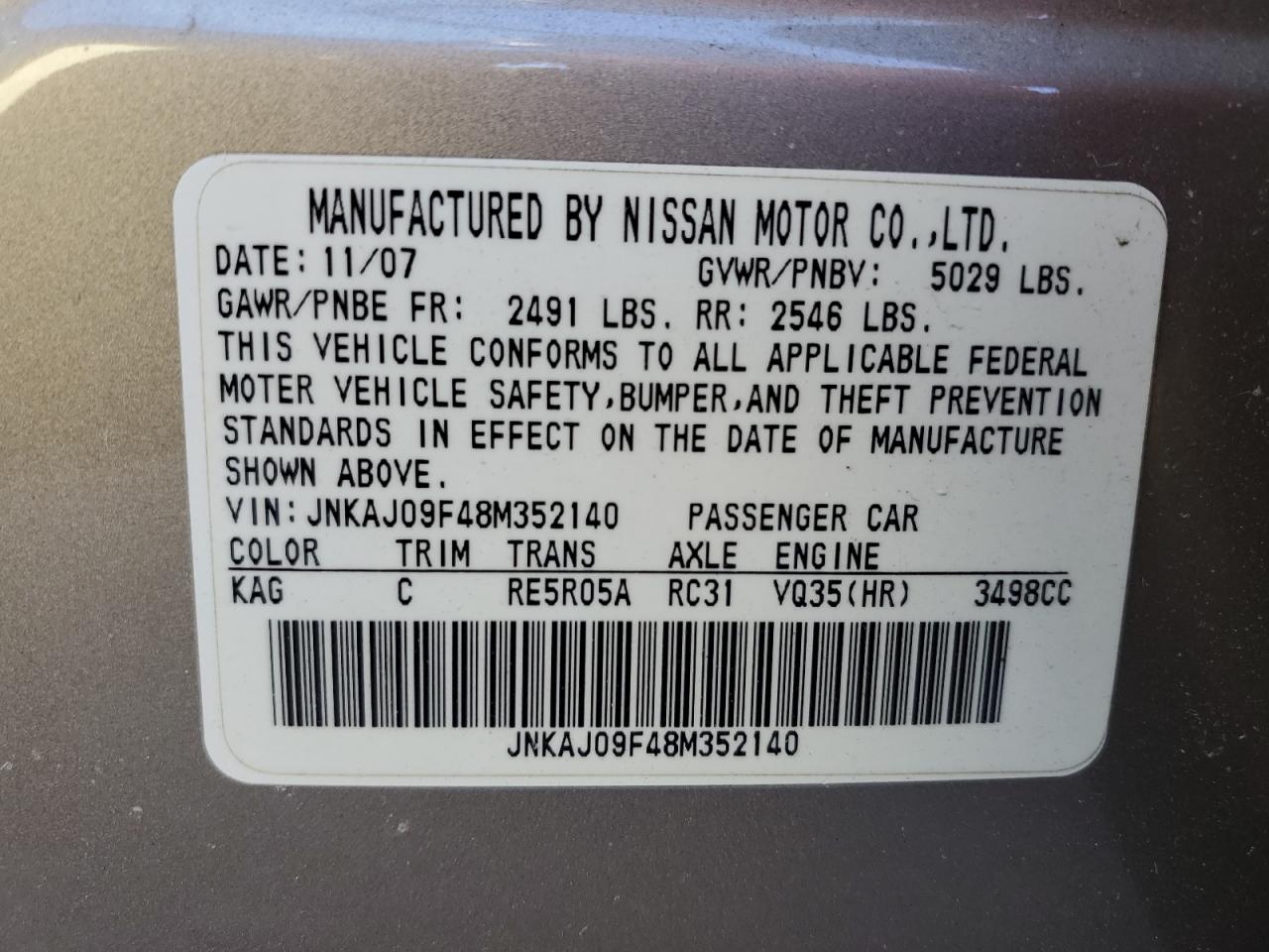 2008 Infiniti Ex35 Base VIN: JNKAJ09F48M352140 Lot: 90395695