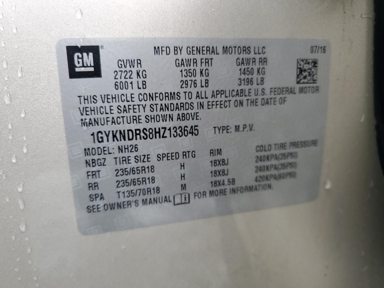 2017 Cadillac Xt5 Luxury VIN: 1GYKNDRS8HZ133645 Lot: 82728565