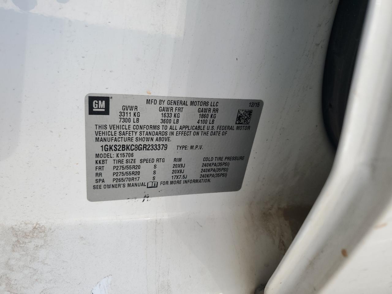 2016 GMC Yukon Slt VIN: 1GKS2BKC8GR233379 Lot: 82180105