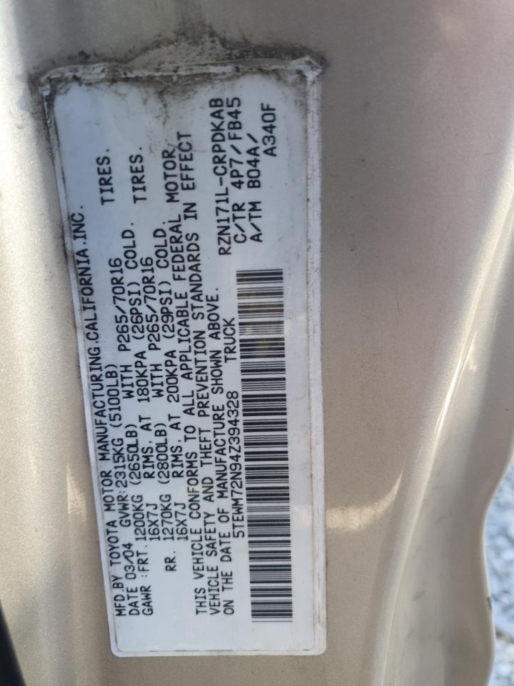 2004 Toyota Tacoma Xtracab VIN: 5TEWM72N94Z394328 Lot: 84072805