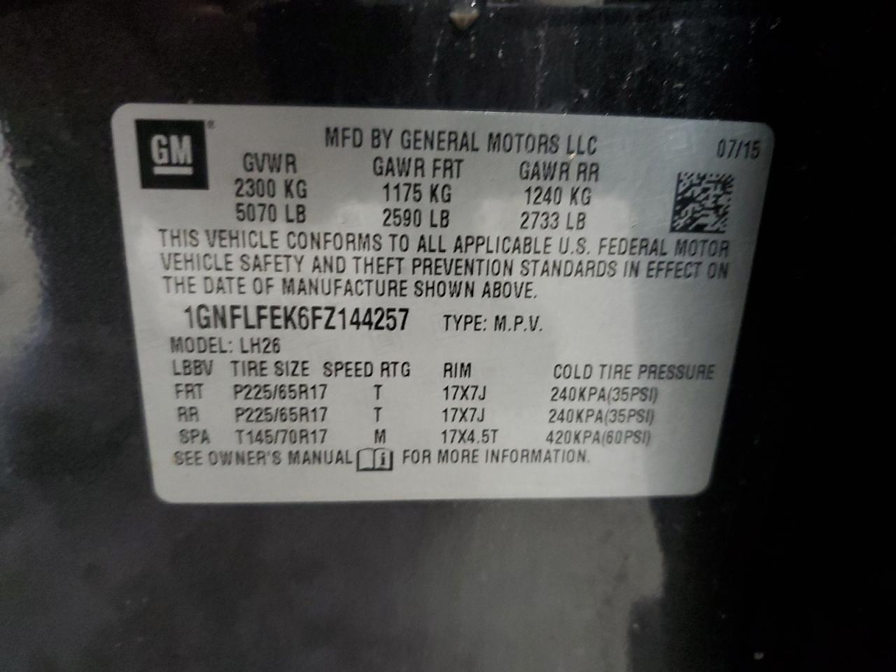 2015 Chevrolet Equinox Lt VIN: 1GNFLFEK6FZ144257 Lot: 82443565