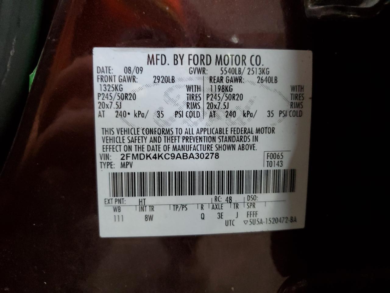 2010 Ford Edge Limited VIN: 2FMDK4KC9ABA30278 Lot: 83790685