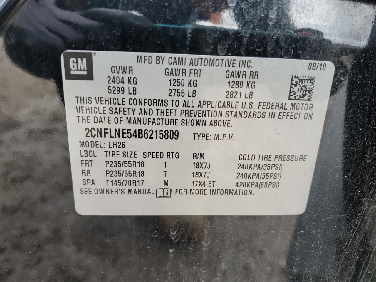 2011 Chevrolet Equinox Lt VIN: 2CNFLNE54B6215809 Lot: 82304355