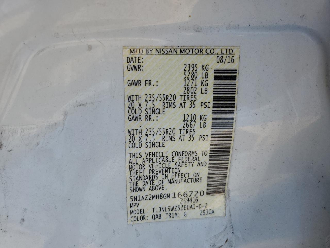 2016 Nissan Murano S VIN: 5N1AZ2MH8GN166720 Lot: 81820215