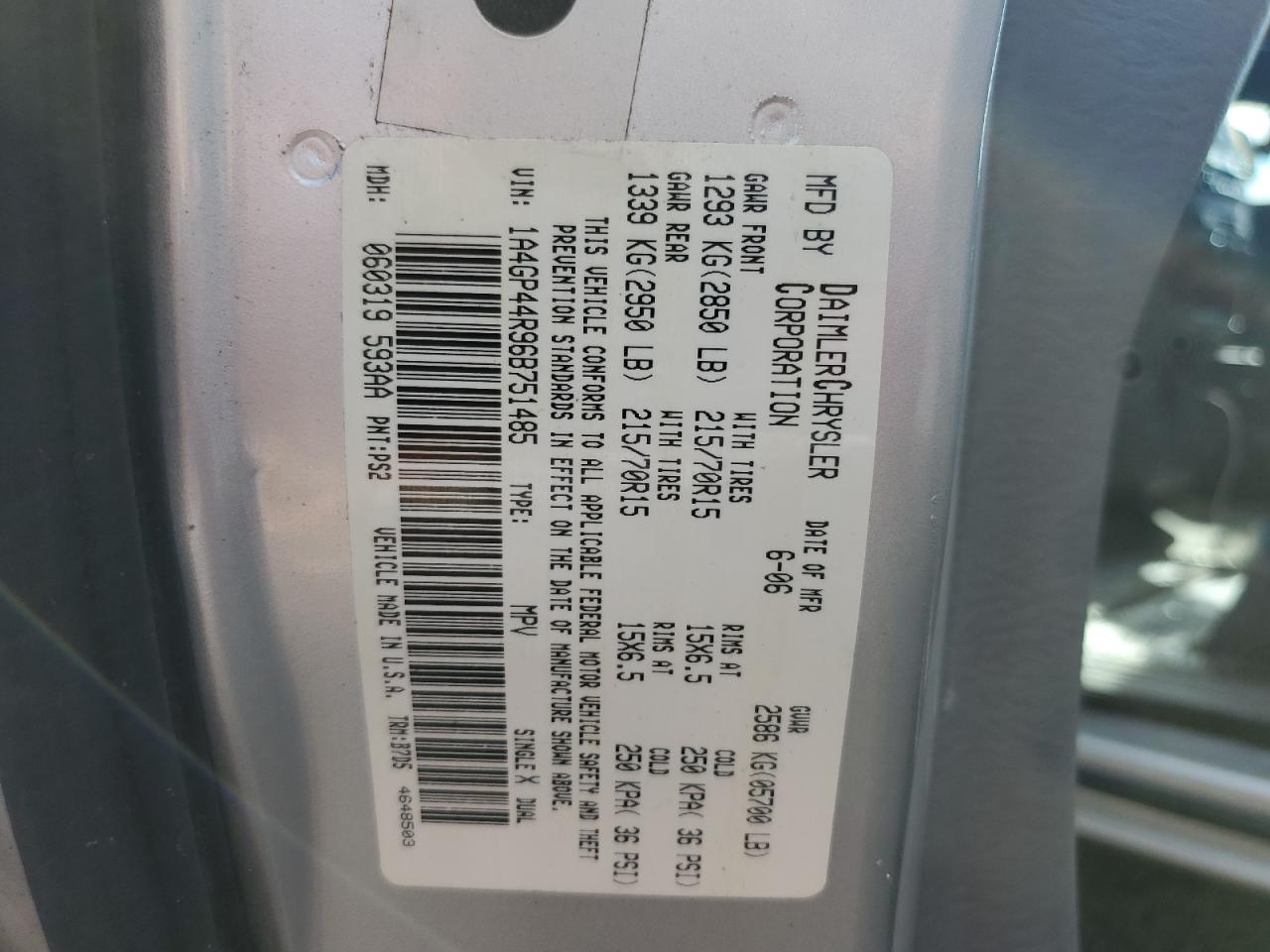 2006 Chrysler Town & Country Lx VIN: 1A4GP44R96B751485 Lot: 85778665