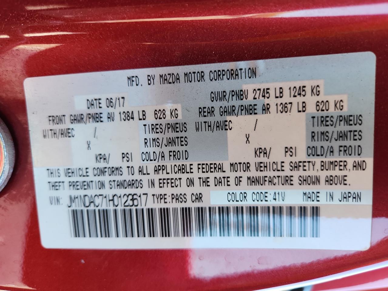 2017 Mazda Mx-5 Miata Club VIN: JM1NDAC71H0123617 Lot: 84585125