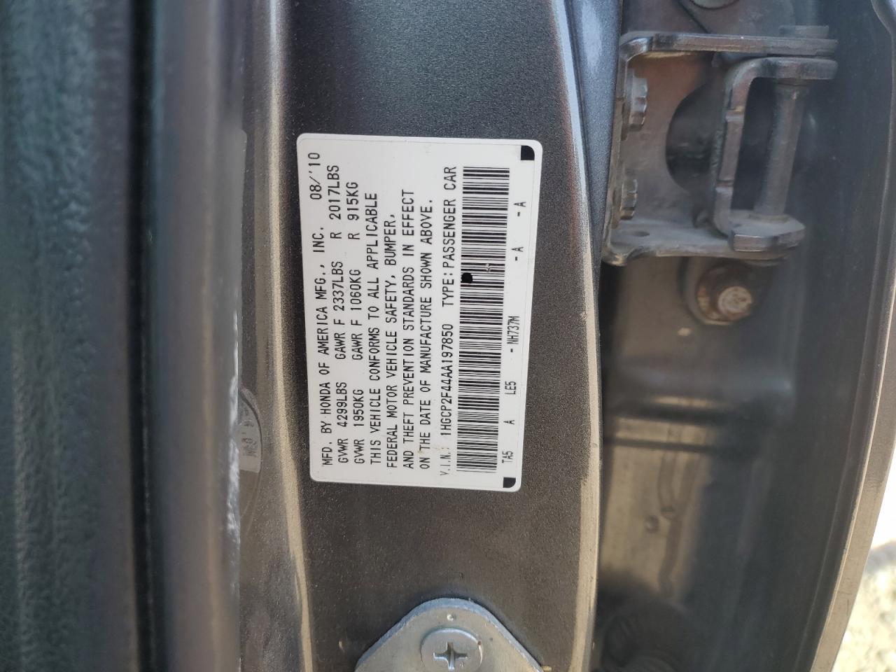 2010 Honda Accord Lxp VIN: 1HGCP2F44AA197850 Lot: 81928935