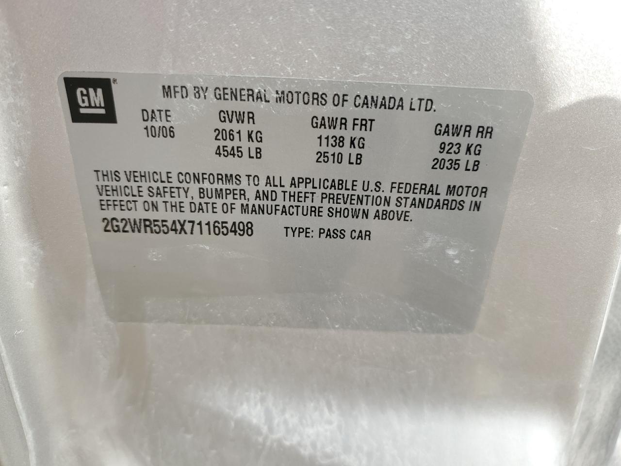 2007 Pontiac Grand Prix Gt VIN: 2G2WR554X71165498 Lot: 90423435