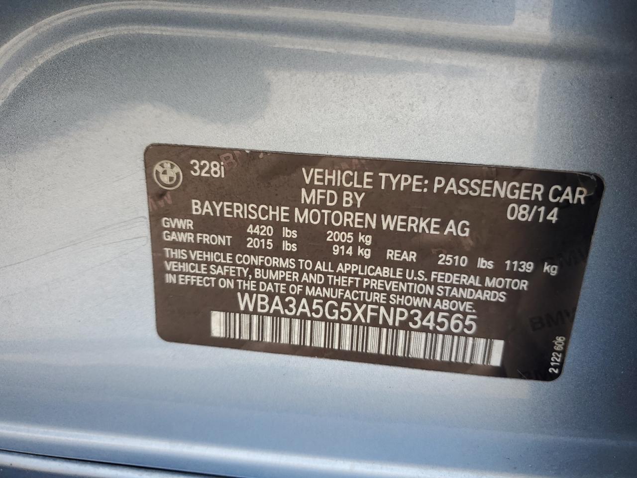 2015 BMW 328 I VIN: WBA3A5G5XFNP34565 Lot: 85110735