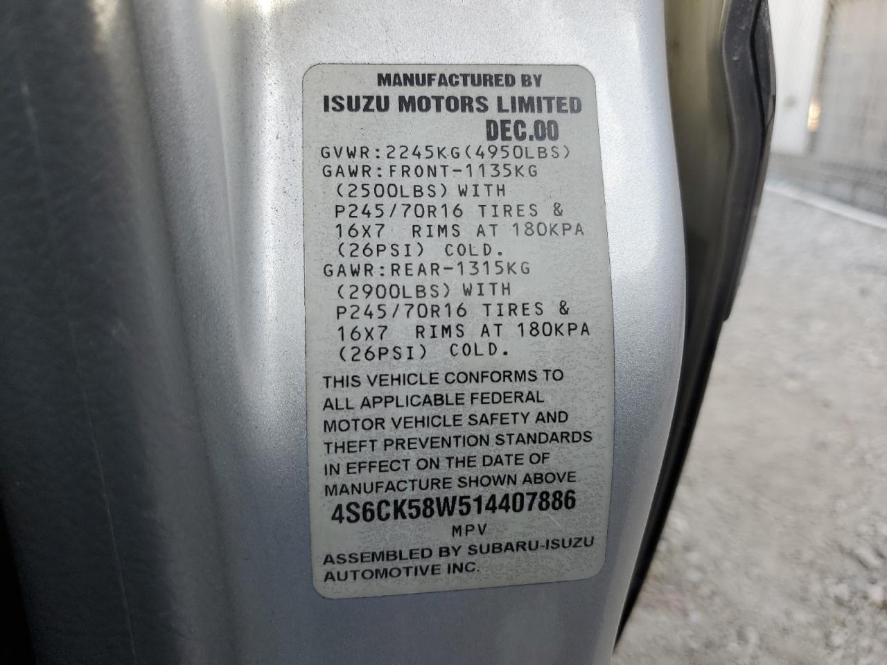 2001 Honda Passport Ex VIN: 4S6CK58W514407886 Lot: 82736285