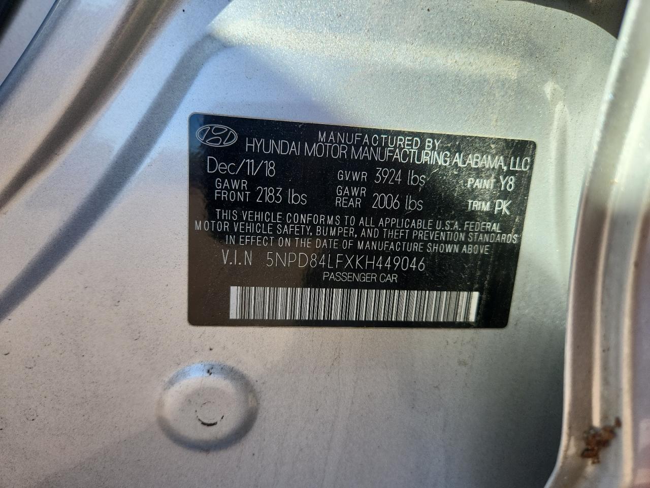 2019 Hyundai Elantra Sel VIN: 5NPD84LFXKH449046 Lot: 87050395