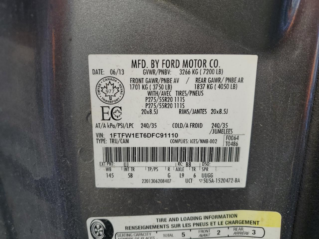 2013 Ford F150 Supercrew VIN: 1FTFW1ET6DFC91110 Lot: 85163285