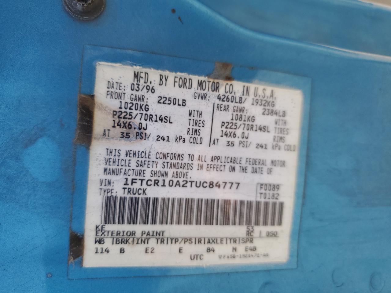 1996 Ford Ranger VIN: 1FTCR10A2TUC84777 Lot: 82702645