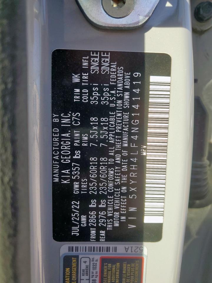 2022 Kia Sorento Ex VIN: 5XYRH4LF4NG141419 Lot: 85314825