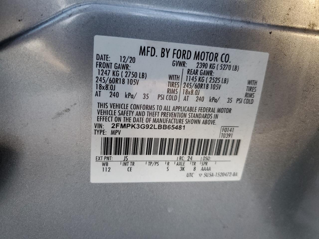 2020 Ford Edge Se VIN: 2FMPK3G92LBB65481 Lot: 81996945