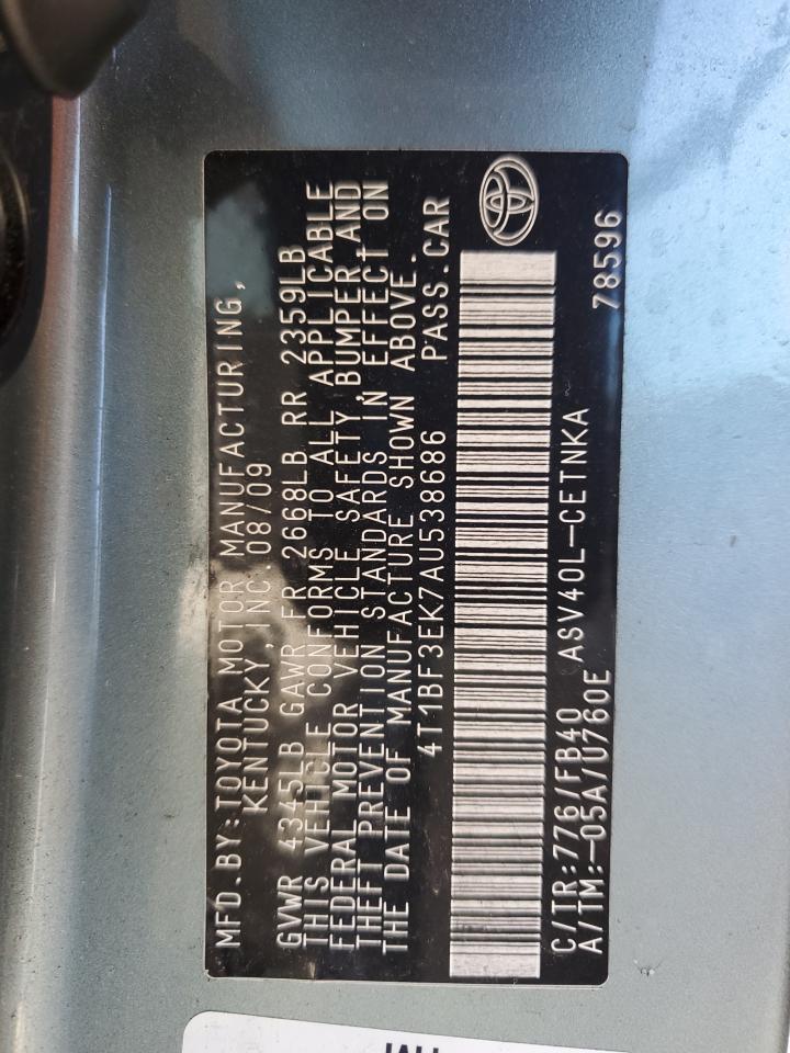 2010 Toyota Camry Base VIN: 4T1BF3EK7AU538686 Lot: 82398525