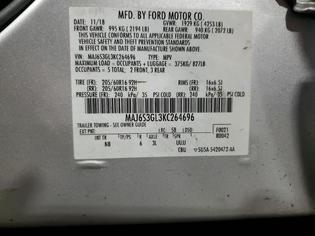 2019 Ford Ecosport Se VIN: MAJ6S3GL3KC264696 Lot: 86632835