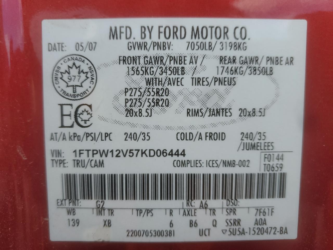 2007 Ford F150 Supercrew VIN: 1FTPW12V57KD06444 Lot: 82405485