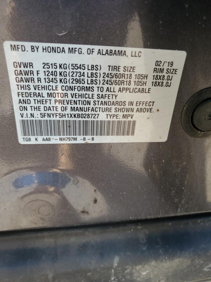 2019 Honda Pilot Lx VIN: 5FNYF5H1XKB028727 Lot: 84622385