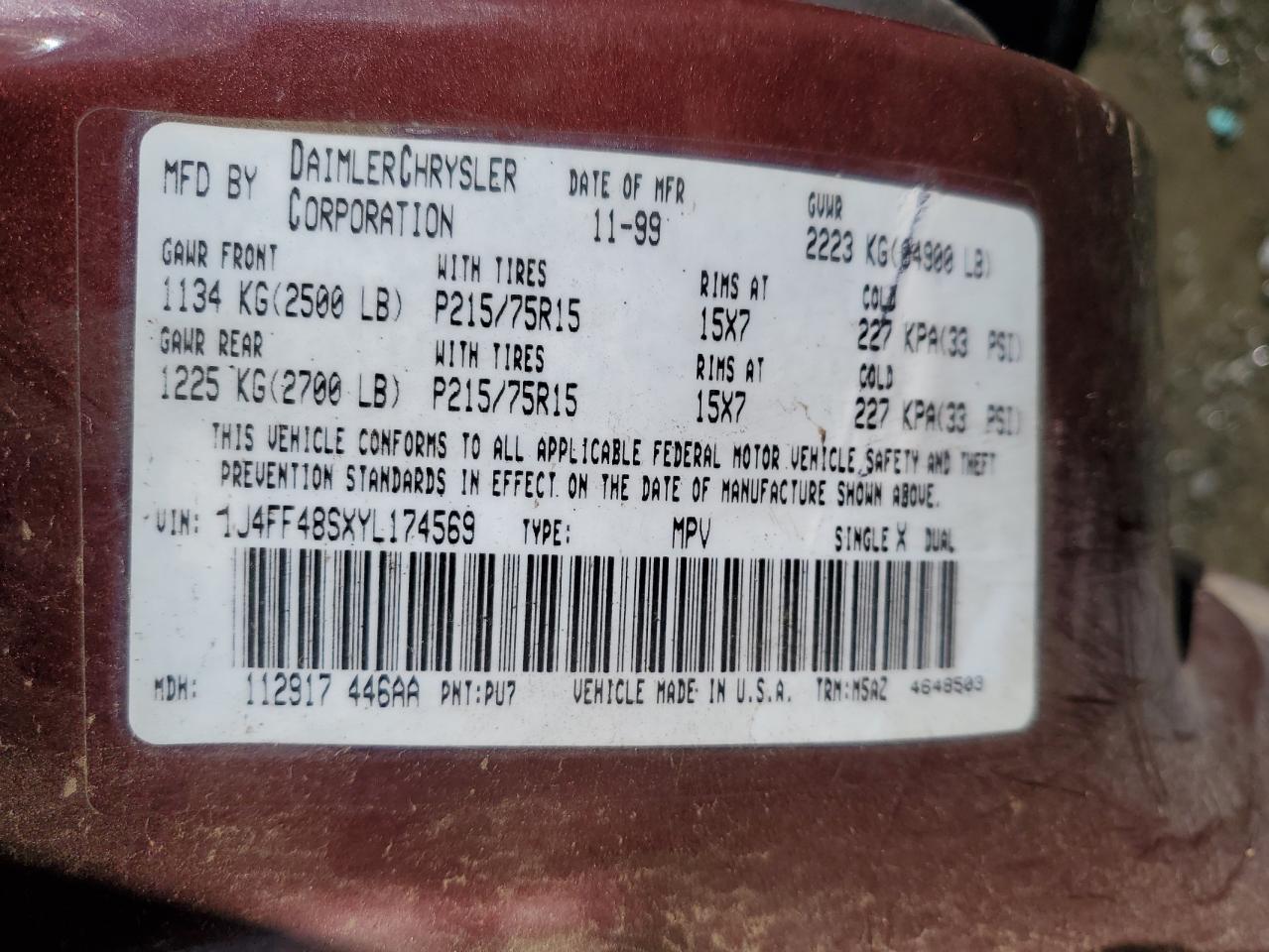 2000 Jeep Cherokee Sport VIN: 1J4FF48SXYL174569 Lot: 86079685