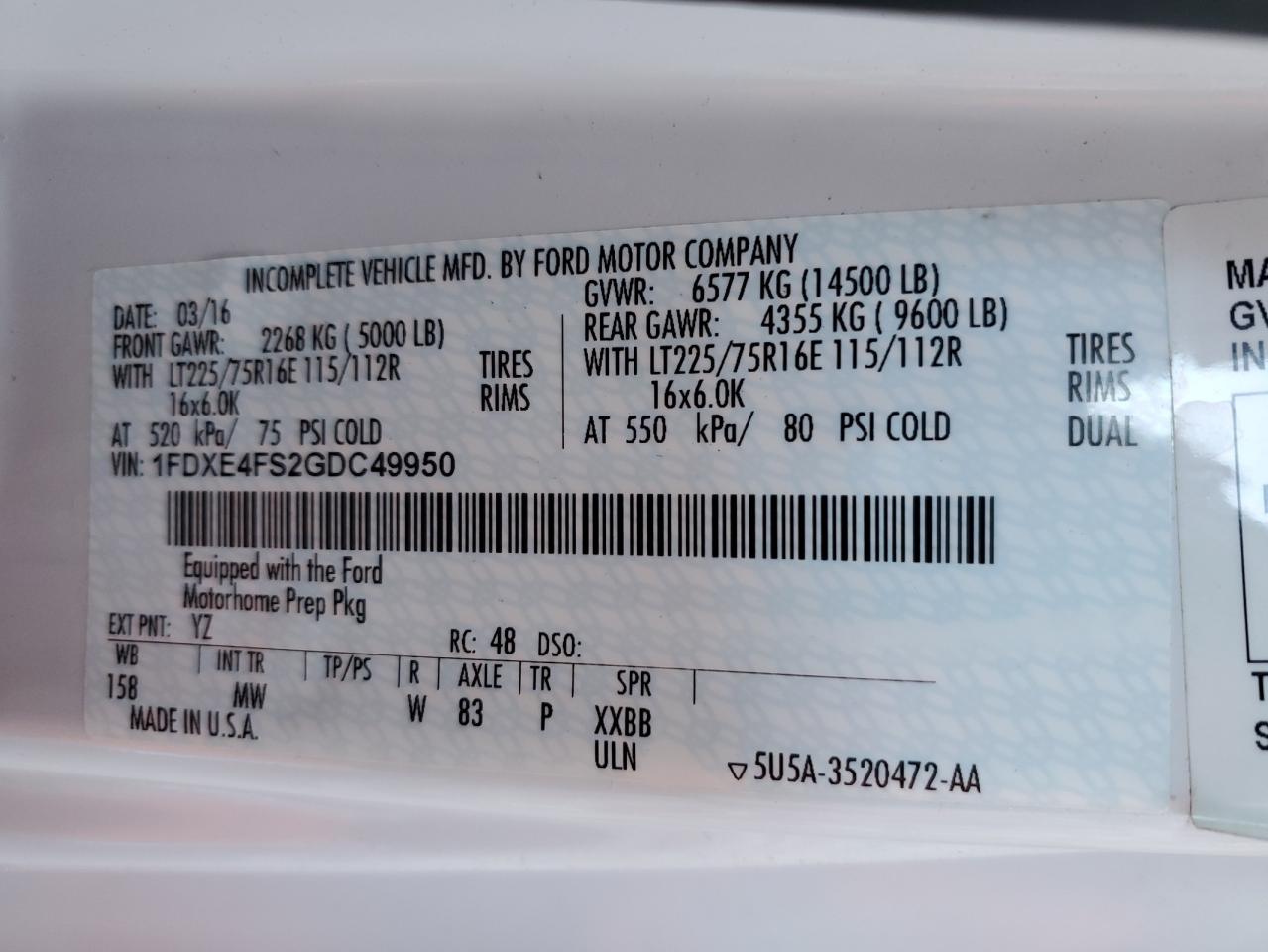 2016 Ford Econoline E450 Super Duty Cutaway Van VIN: 1FDXE4FS2GDC49950 Lot: 85205315