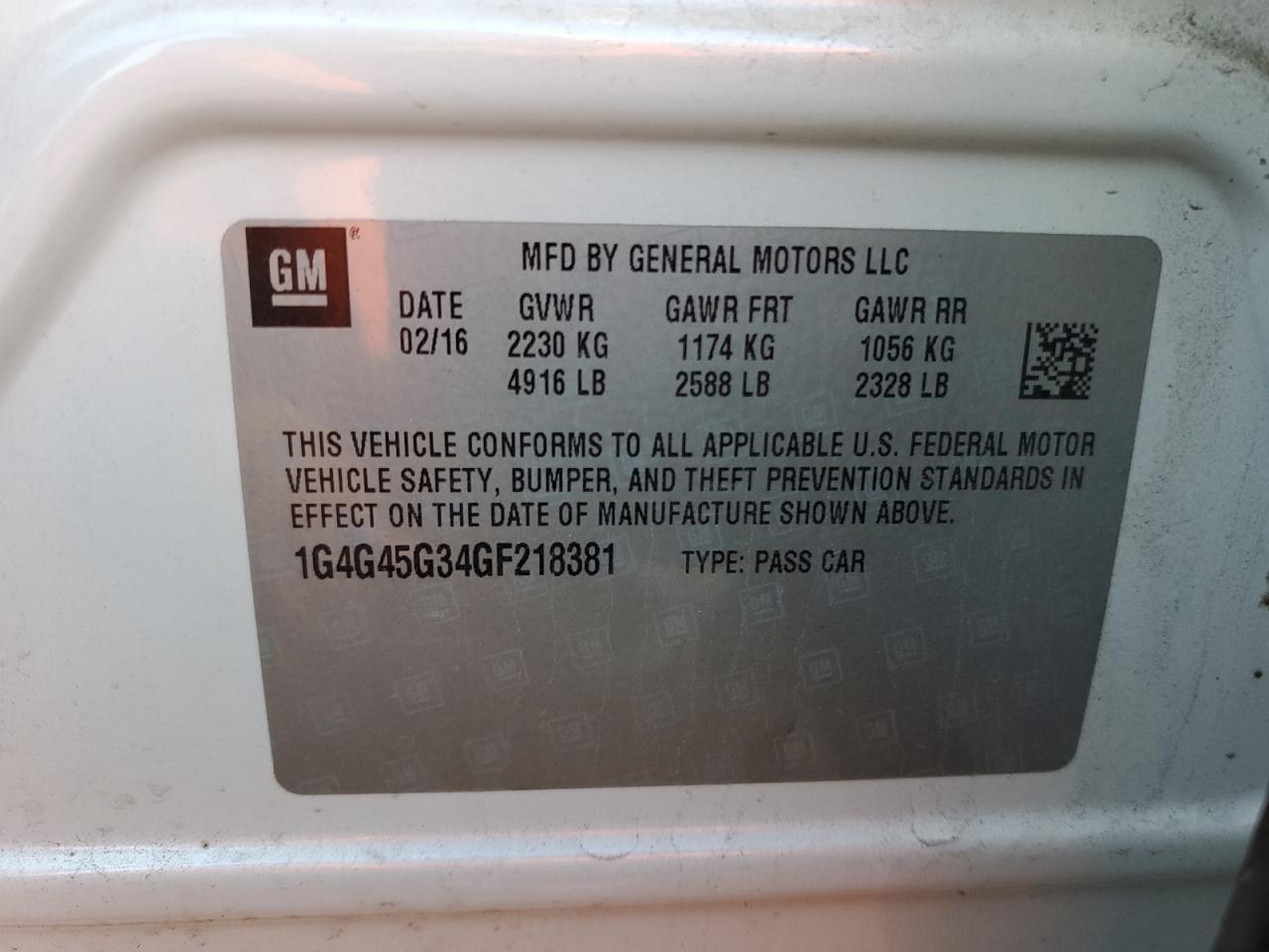 2016 Buick Lacrosse Sport Touring VIN: 1G4G45G34GF218381 Lot: 90228215