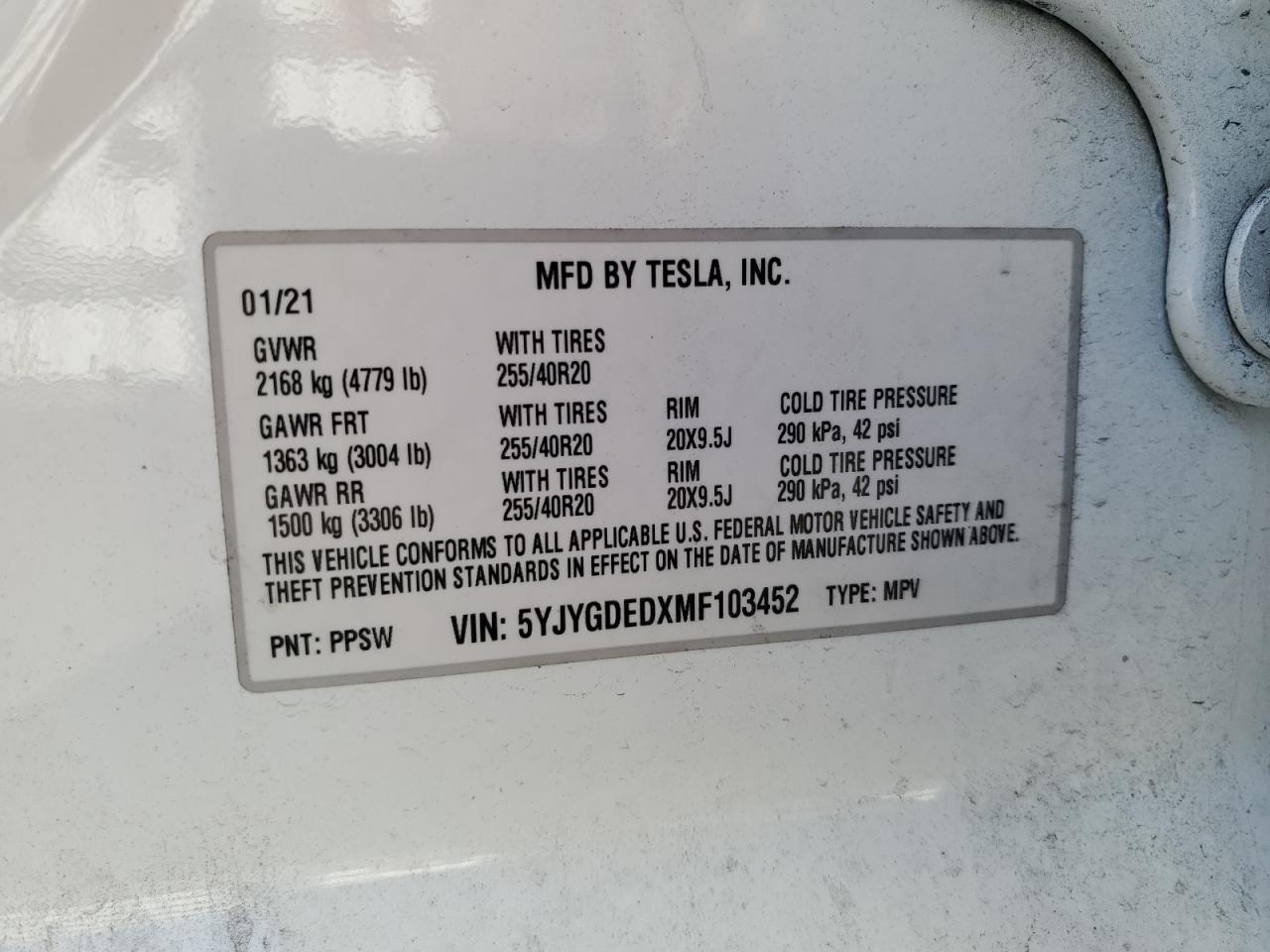 2021 Tesla Model Y VIN: 5YJYGDEDXMF103452 Lot: 82534615