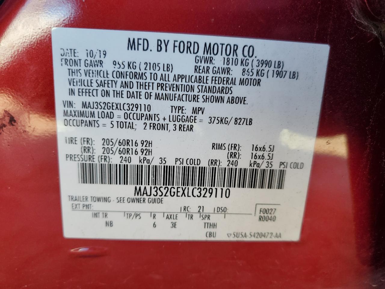 2020 Ford Ecosport Se VIN: MAJ3S2GEXLC329110 Lot: 91222465