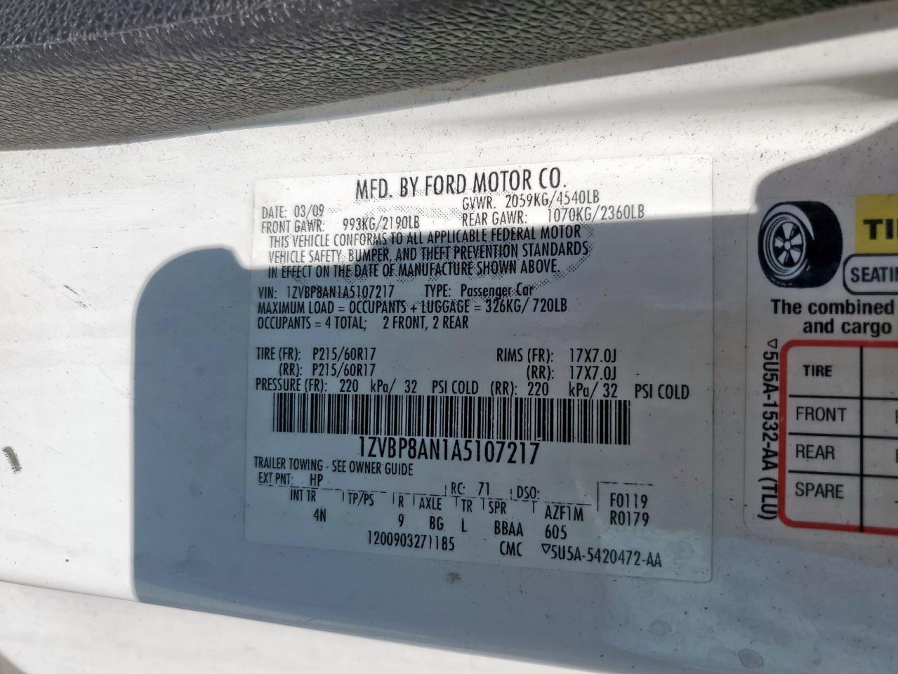 2010 Ford Mustang VIN: 1ZVBP8AN1A5107217 Lot: 85500205