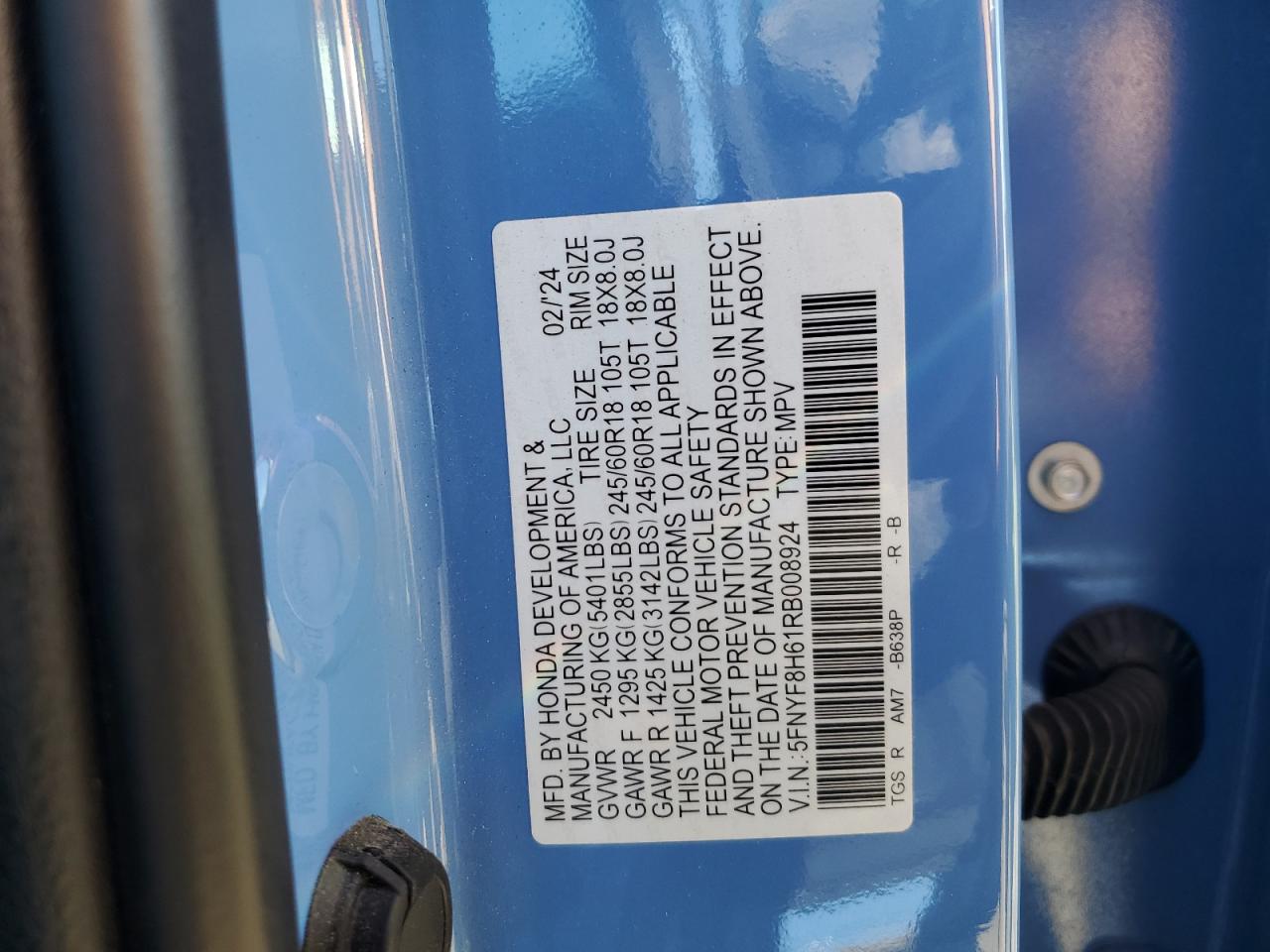 2024 Honda Passport Trail Sport VIN: 5FNYF8H61RB008924 Lot: 84754355