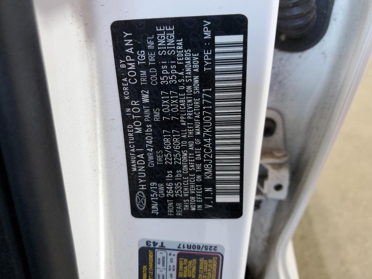 2019 Hyundai Tucson Se VIN: KM8J2CA47KU071771 Lot: 85764695