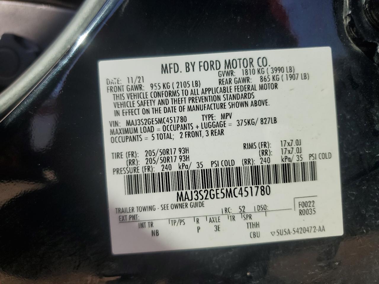 2021 Ford Ecosport Se VIN: MAJ3S2GE5MC451780 Lot: 89622925