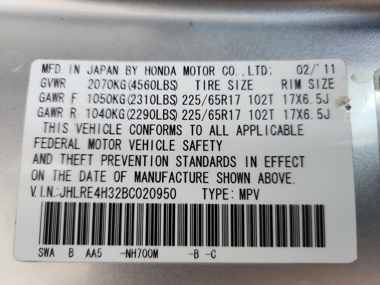 2011 Honda Cr-V Lx VIN: JHLRE4H32BC020950 Lot: 85105035