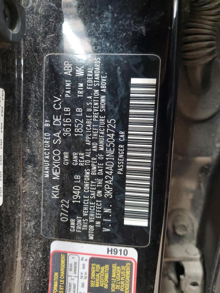 2022 Kia Rio Lx VIN: 3KPA24AD1NE504725 Lot: 86996685