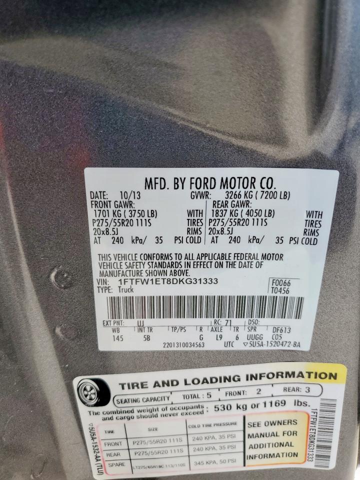 2013 Ford F150 Supercrew VIN: 1FTFW1ET8DKG31333 Lot: 81986385