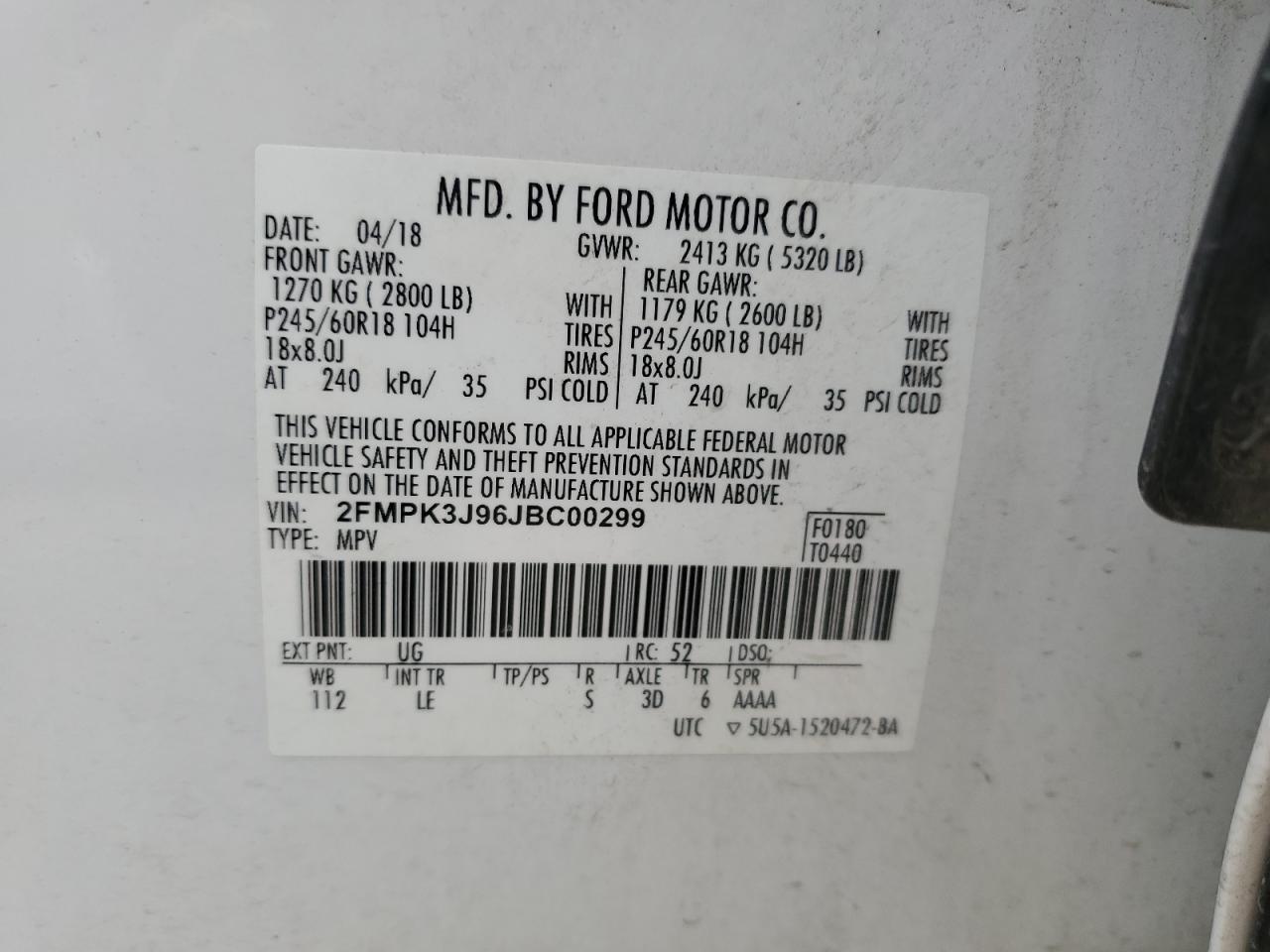 2018 Ford Edge Sel VIN: 2FMPK3J96JBC00299 Lot: 82651195