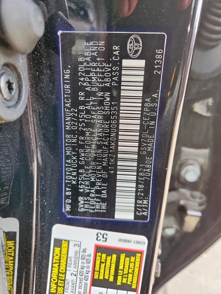 2022 Toyota Camry Trd VIN: 4T1KZ1AK0NU065351 Lot: 85732145