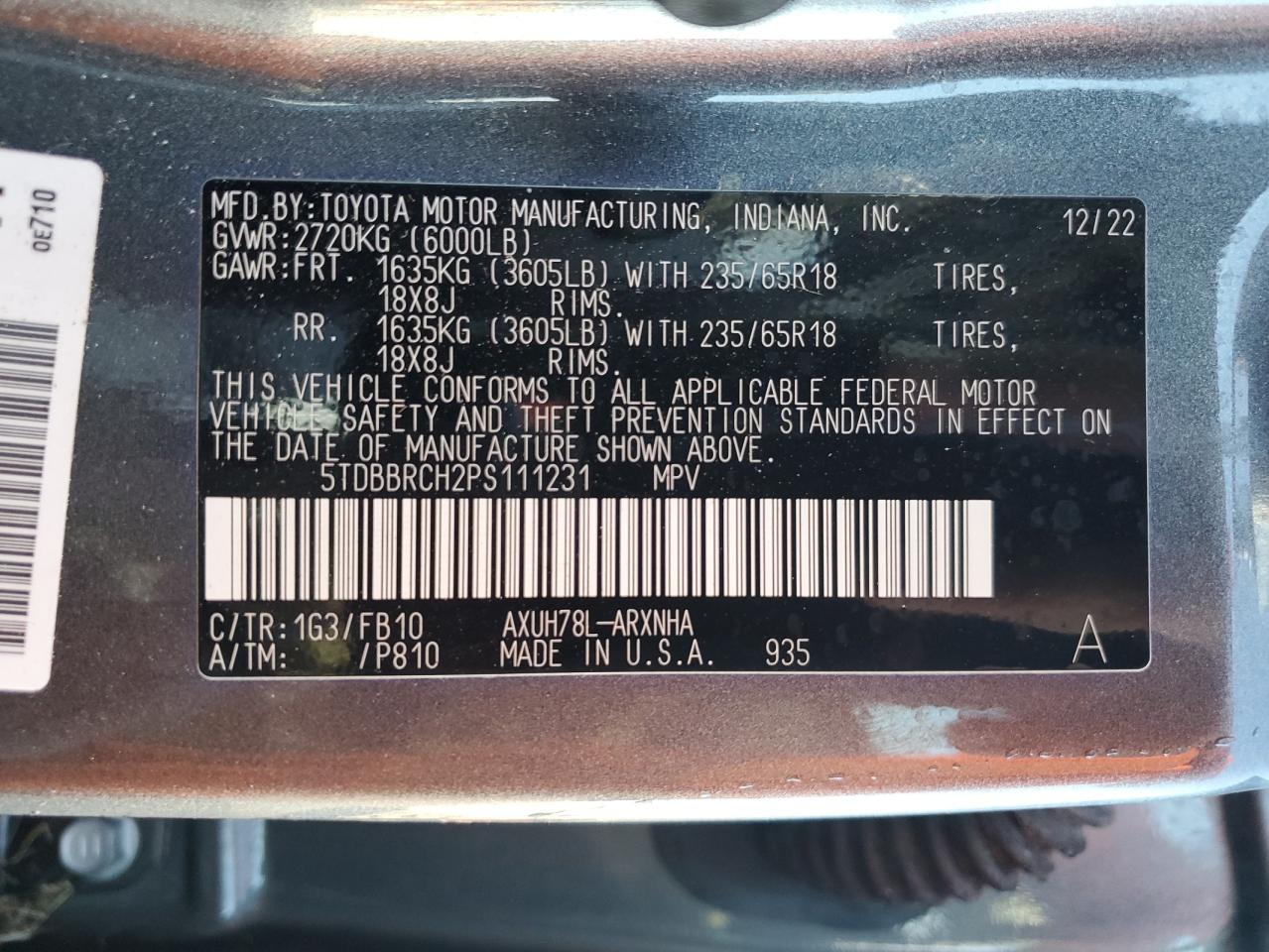 2023 Toyota Highlander Hybrid Le VIN: 5TDBBRCH2PS111231 Lot: 86892375