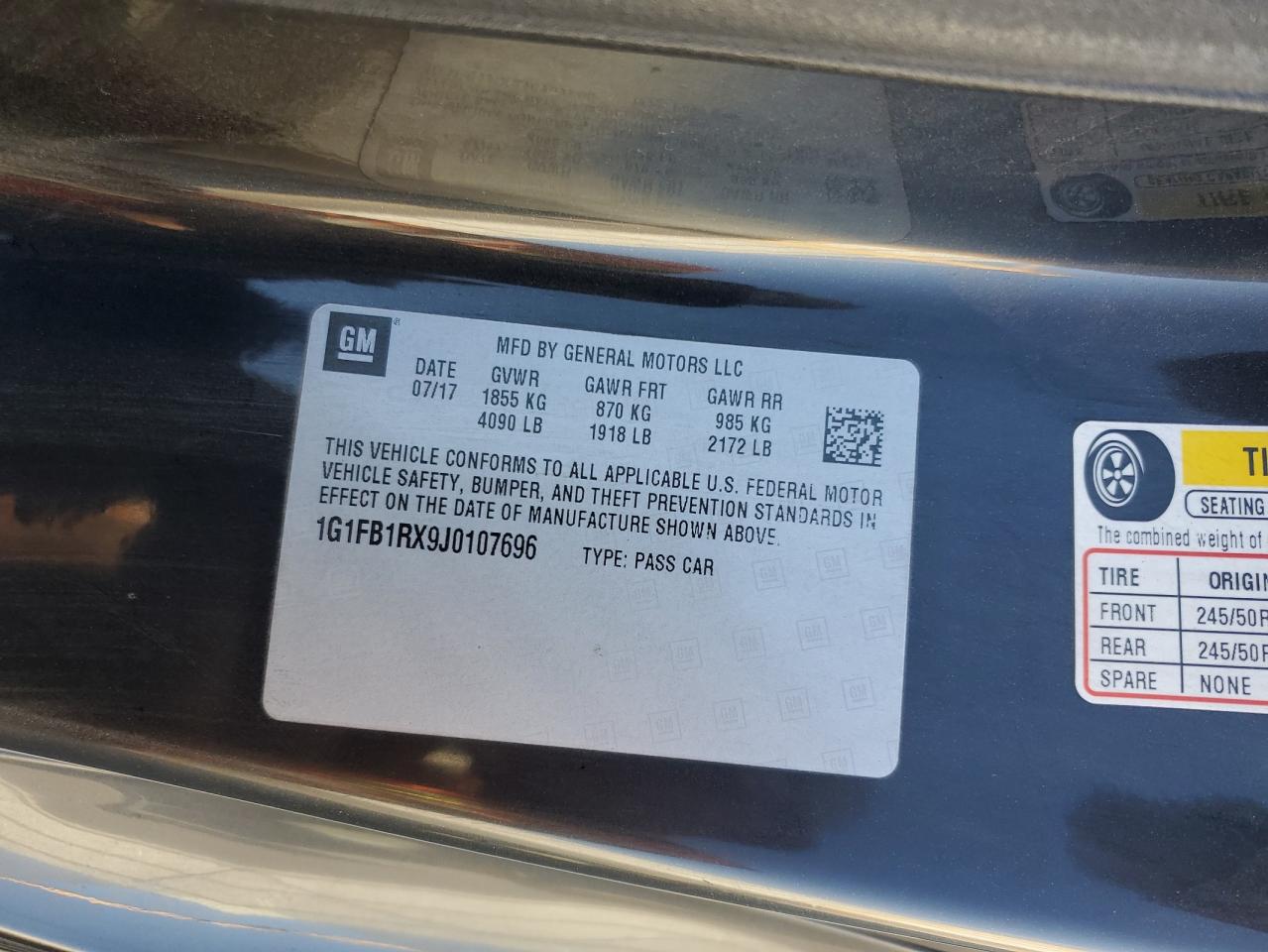 2018 Chevrolet Camaro Lt VIN: 1G1FB1RX9J0107696 Lot: 85570655