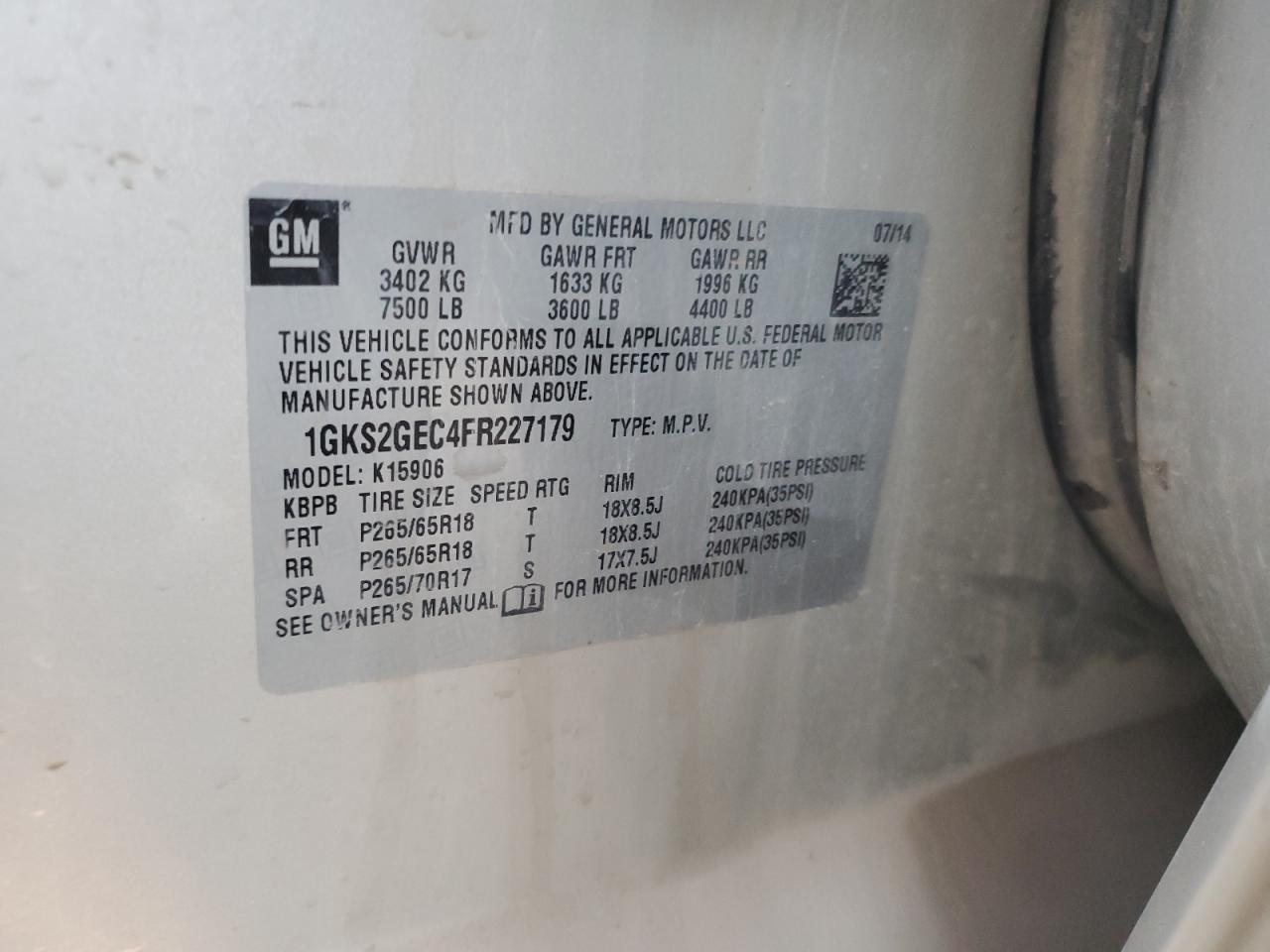 2015 GMC Yukon Xl K1500 Sle VIN: 1GKS2GEC4FR227179 Lot: 85073685