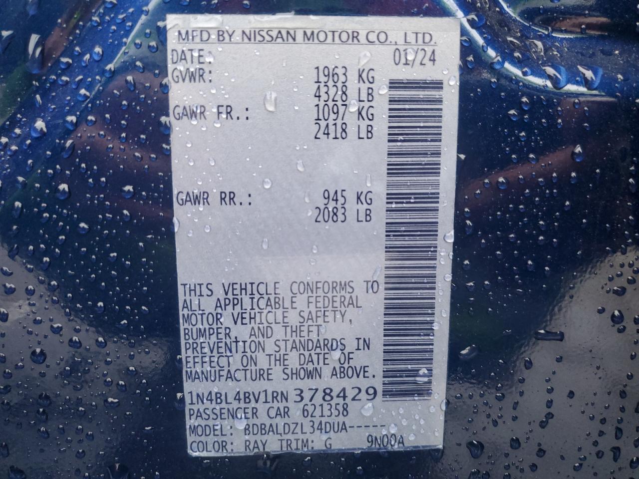 2024 Nissan Altima S VIN: 1N4BL4BV1RN378429 Lot: 82382435