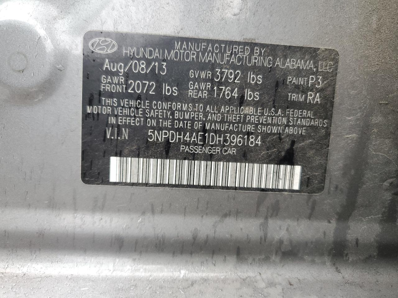 2013 Hyundai Elantra Gls VIN: 5NPDH4AE1DH396184 Lot: 85273235