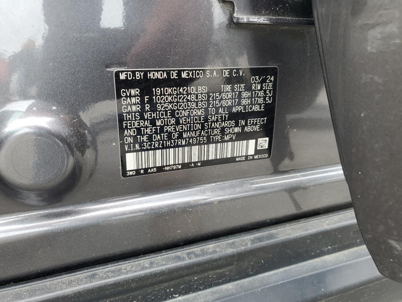 2024 Honda Hr-V Lx VIN: 3CZRZ1H37RM749755 Lot: 82398965