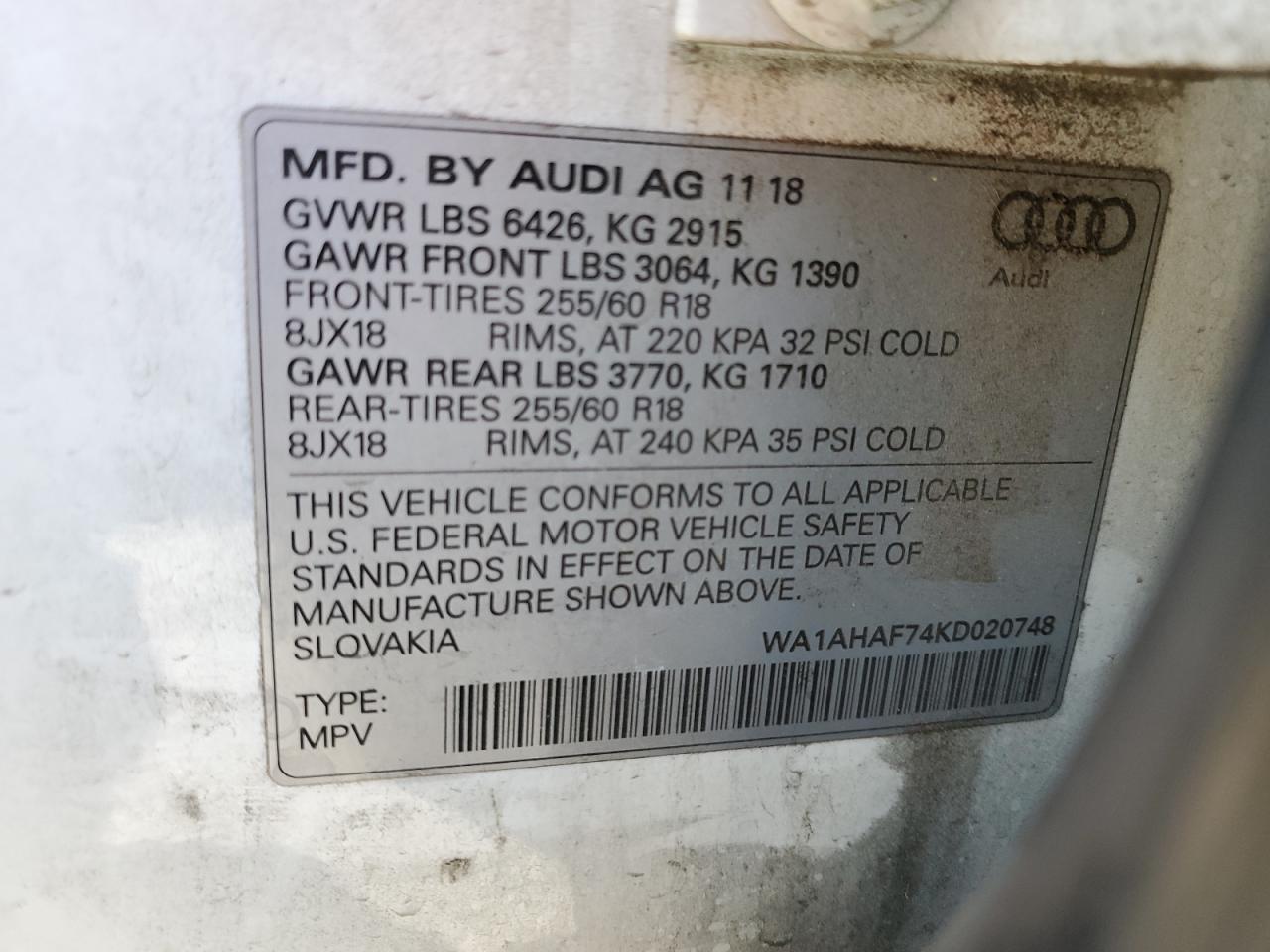 2019 Audi Q7 Premium VIN: WA1AHAF74KD020748 Lot: 87066225