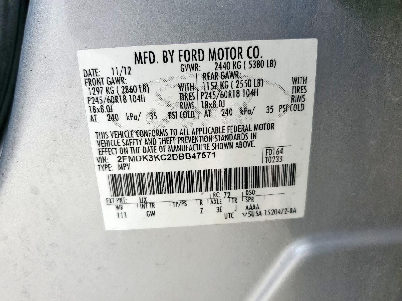 2013 Ford Edge Limited VIN: 2FMDK3KC2DBB47571 Lot: 85318745