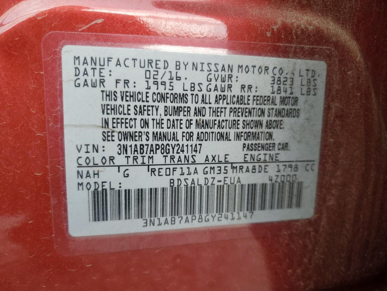 2016 Nissan Sentra S VIN: 3N1AB7AP8GY241147 Lot: 82394815