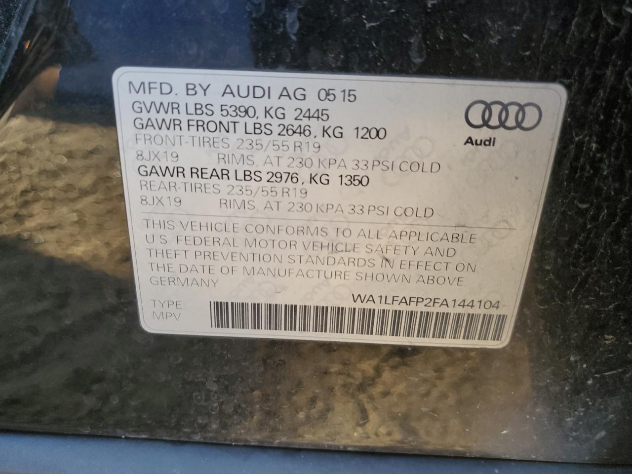 2015 Audi Q5 Premium Plus VIN: WA1LFAFP2FA144104 Lot: 84911945