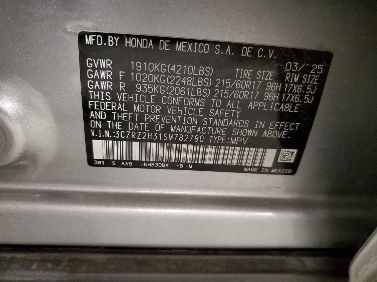 2025 Honda Hr-V Lx VIN: 3CZRZ2H31SM782780 Lot: 89703415